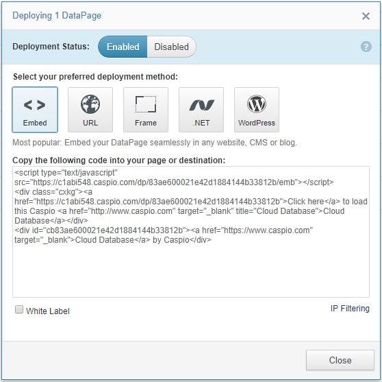 Screenshot of the “Deploying 1 DataPage” menu. It is opened at the “Embed” section. 