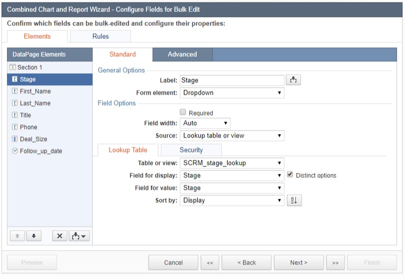 Screenshot of the “Combined Chart and Report Wizard – Configure Fields for Bulk Edit” menu. Under the “Elements” section, it is opened at the “Standard” tab. 