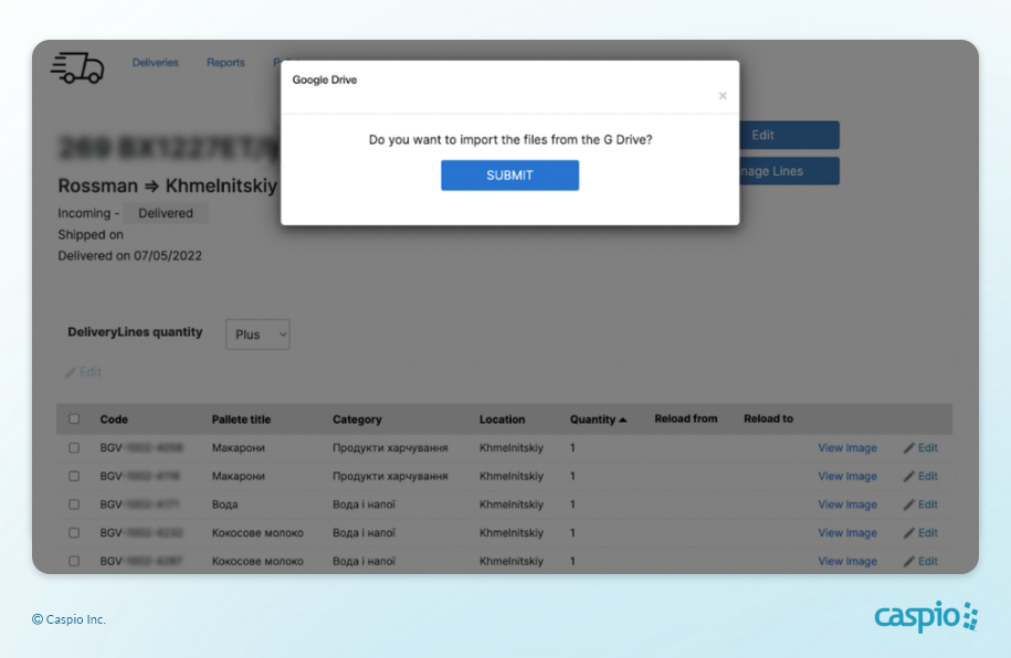 Screenshot of Reinventors Digital logistics app showing a step in the process of importing files from Google Drive