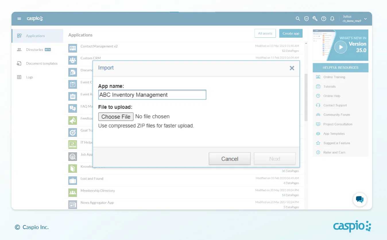 Caspio import screen where you have the option to select the spreadsheet files that you want to upload