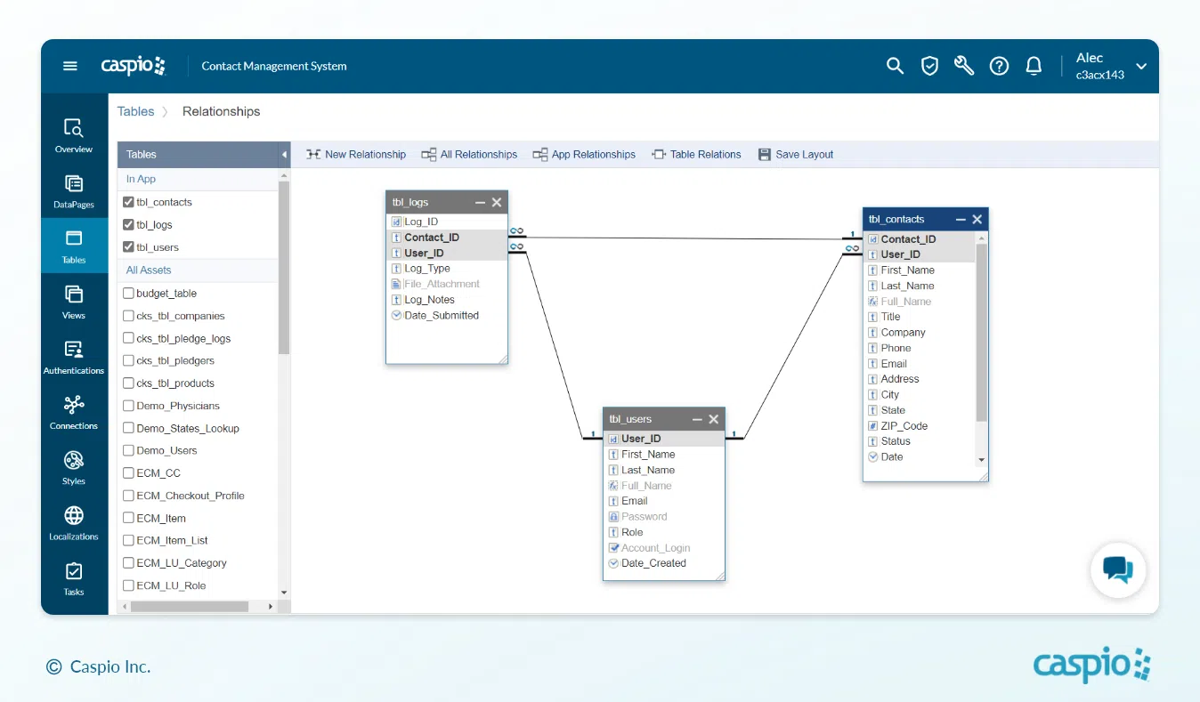 Table relationship visual interface in Caspio