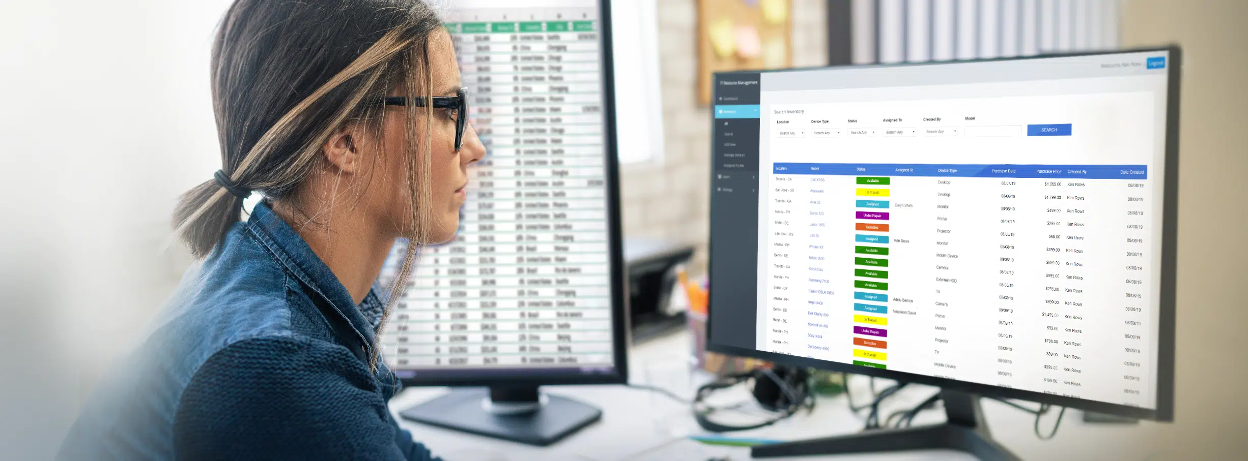 A young woman reviews her monitor screens. One screen shows an online database, while the other one shows an Excel spreadsheet.