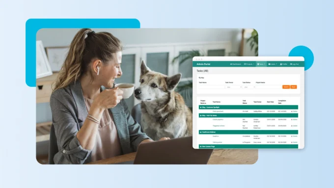 Composite photo of a woman working from home with her dog, next to a screenshot of a Caspio-made app