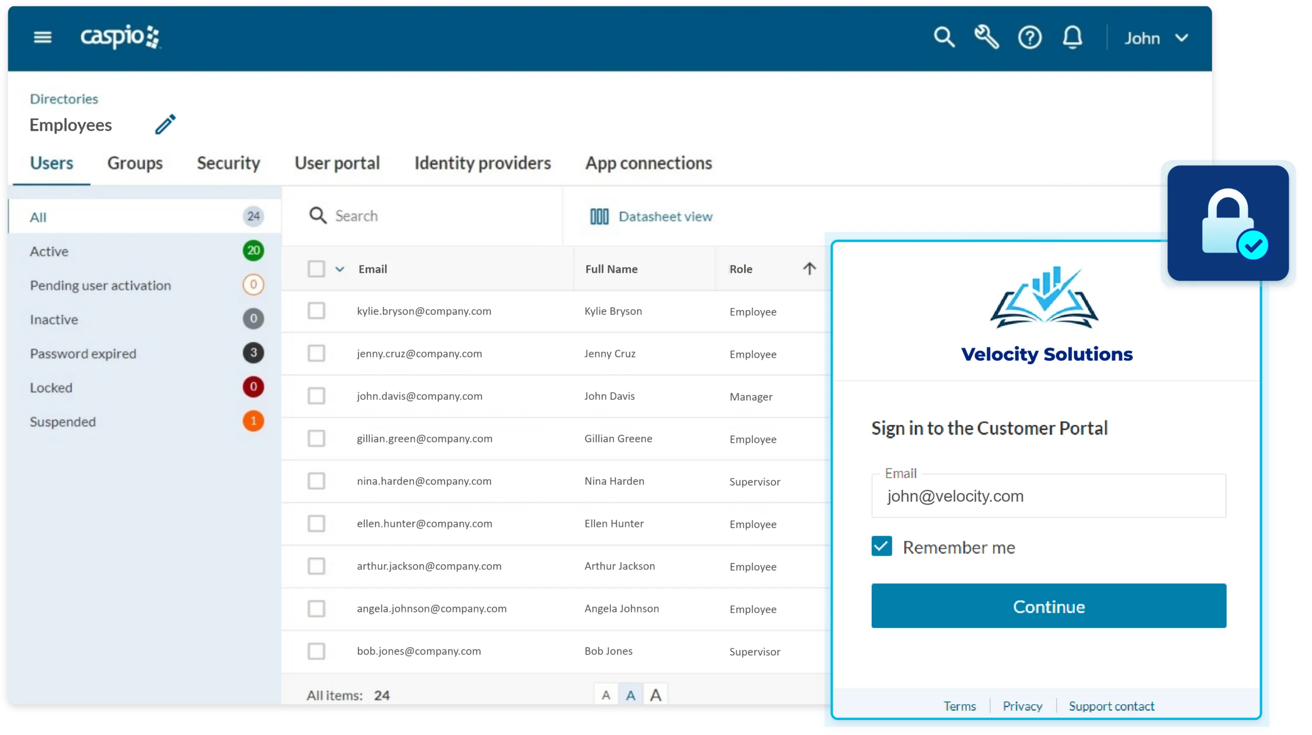 Caspio identity and access management interface for secure user authentication.