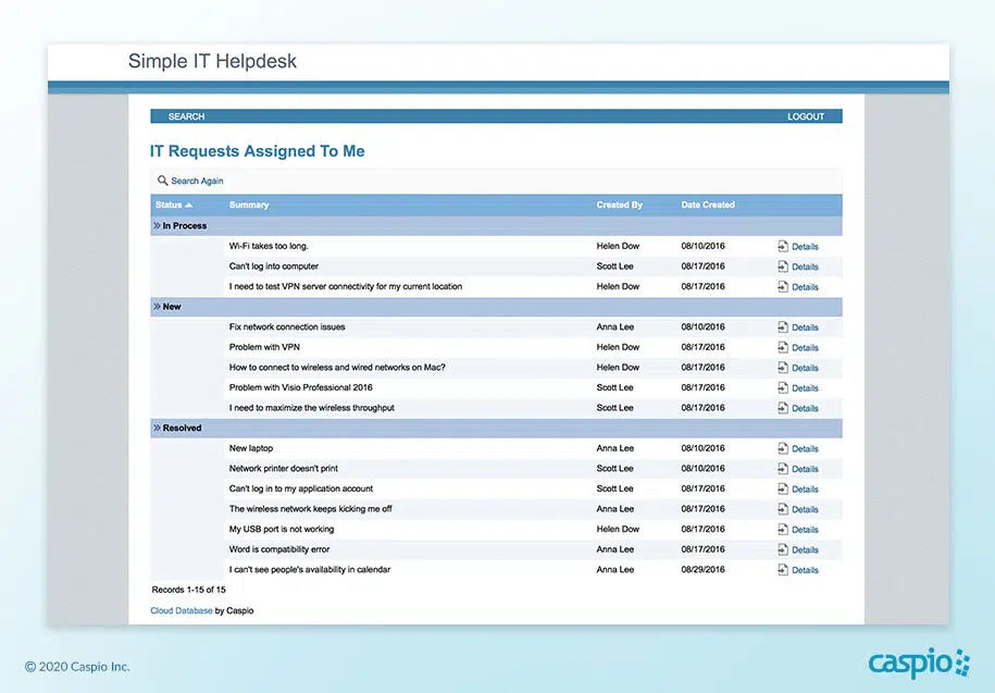 Caspio Teleworking App - IT Helpdesk Ticketing Screenshot